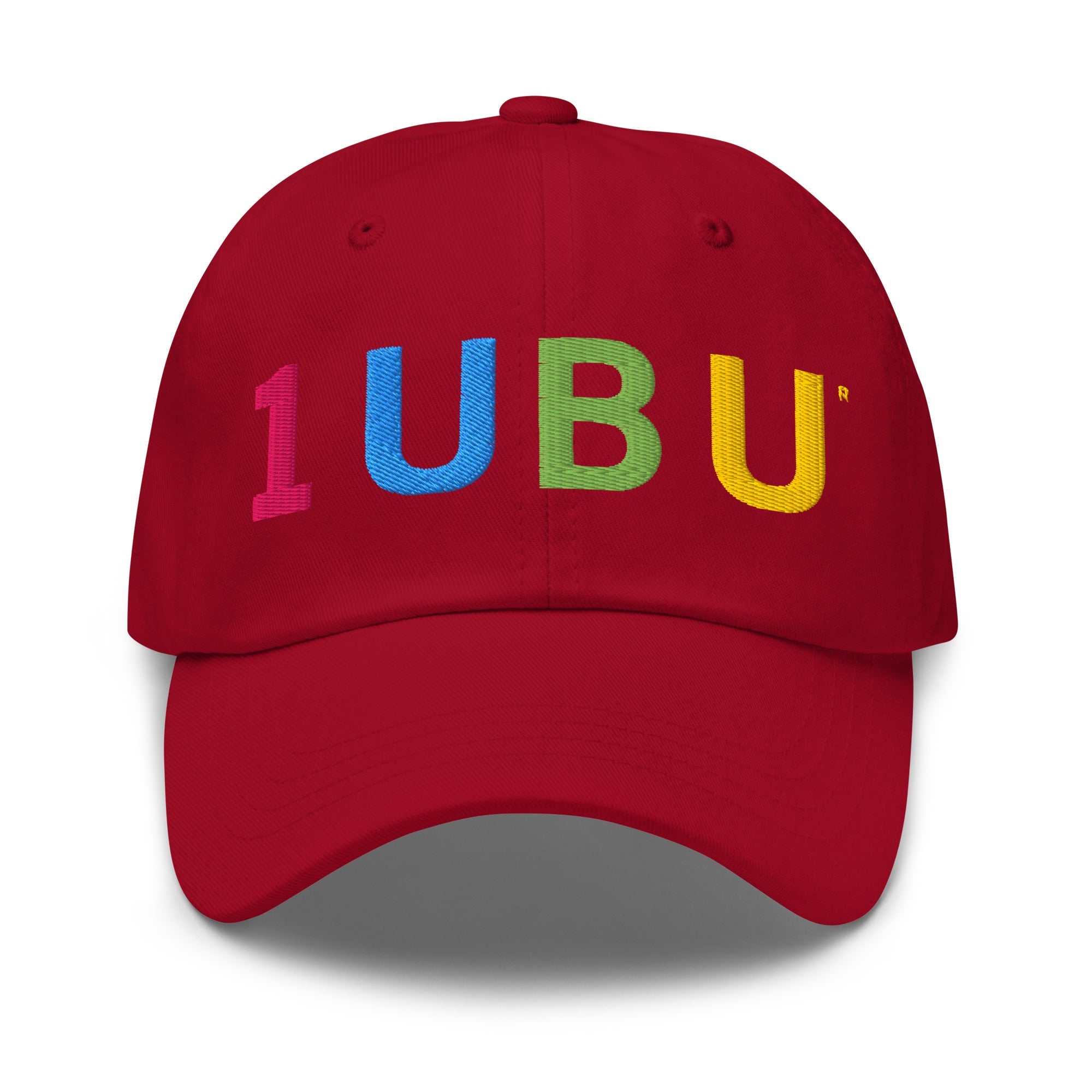 Red Dad hat with 1UBU logo embroidered onto the front.