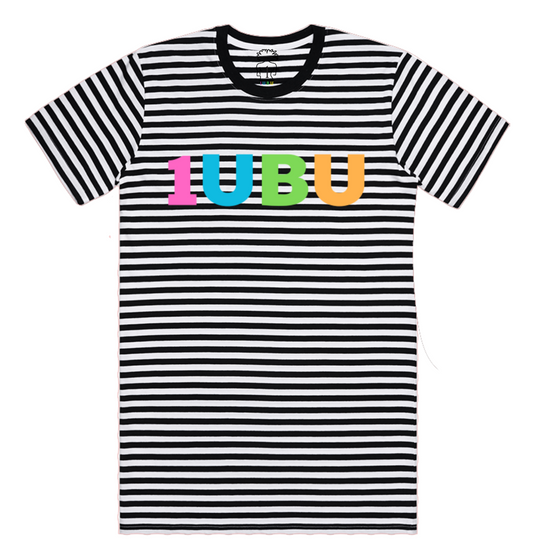 A black and white striped t-shirt with the text '1UBU' printed in colorful letters on the chest.