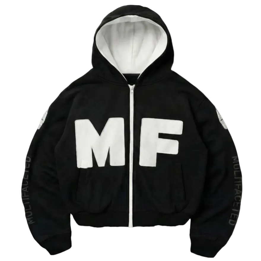 Black hoodie with 'MF' letters on a light gray background