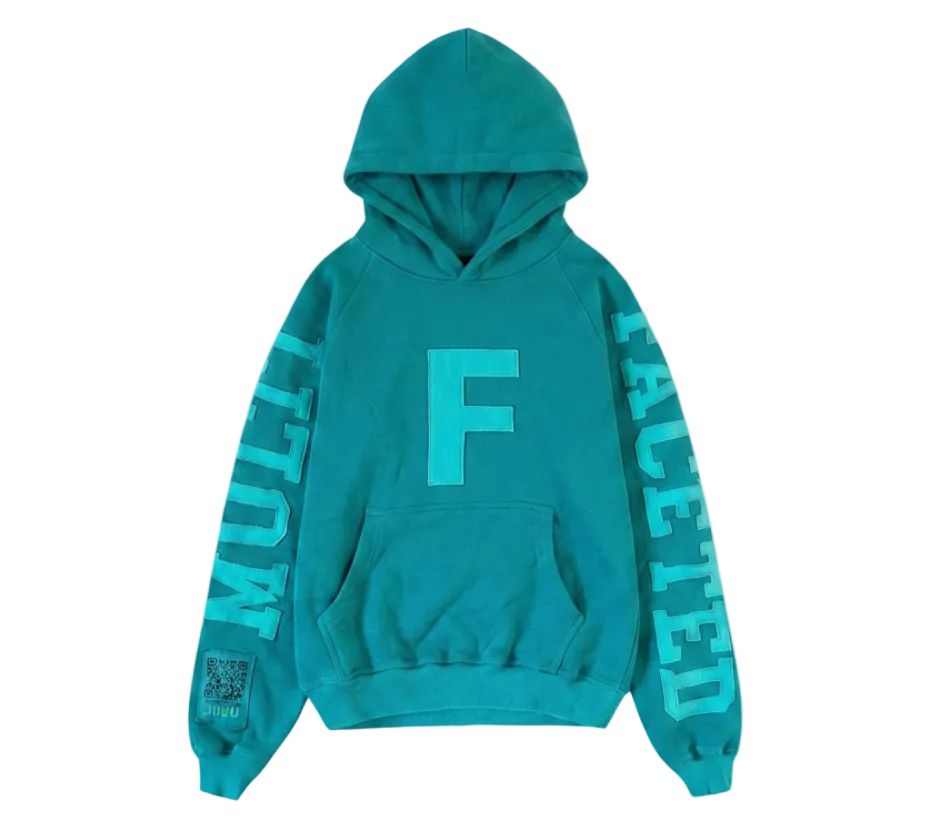 Teal hoodie with large 'F' and text on sleeves against a white background