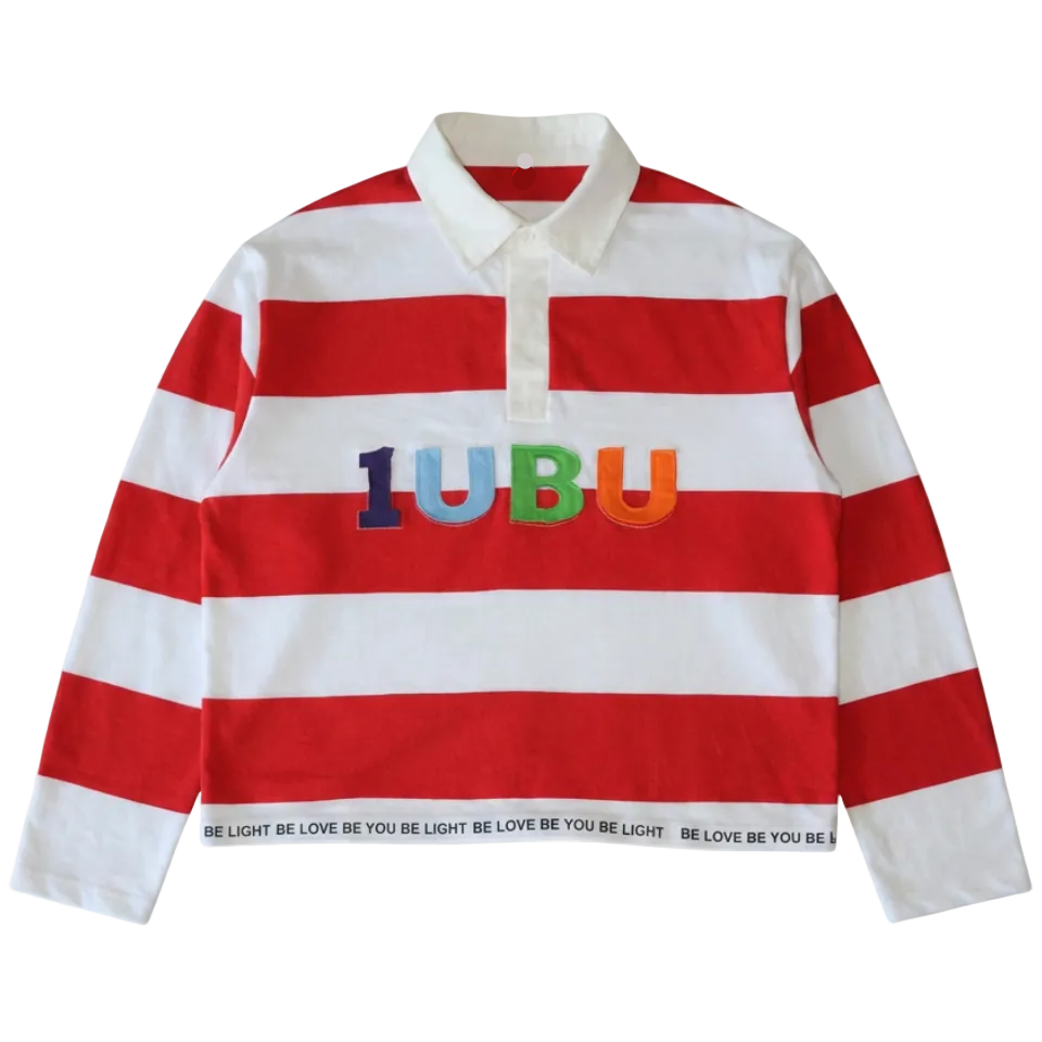 Red and white striped shirt with colorful 'IUBU' logo on a light gray background