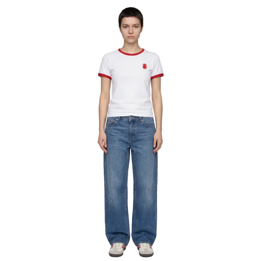 Girl wearing a red Ringer Tee by 1UBU