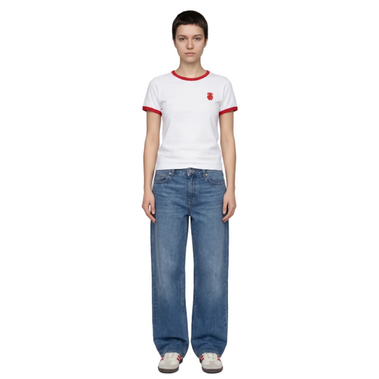Girl wearing a red Ringer Tee by 1UBU