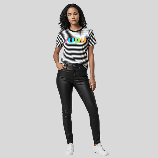 Woman wearing black legging and a black and white stripe tshirt.