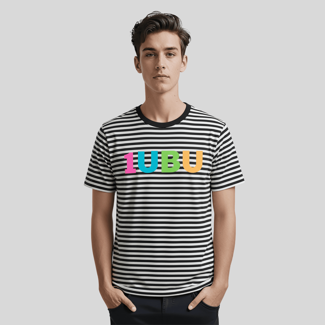 Man wearing a black and white stripe tshirt