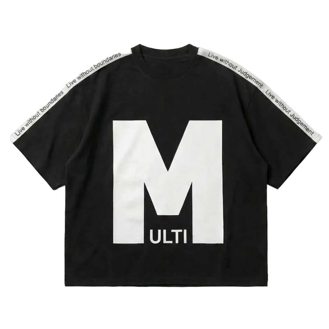 Black t-shirt with a large white letter 'M' and the word 'MULTI' on a light gray background