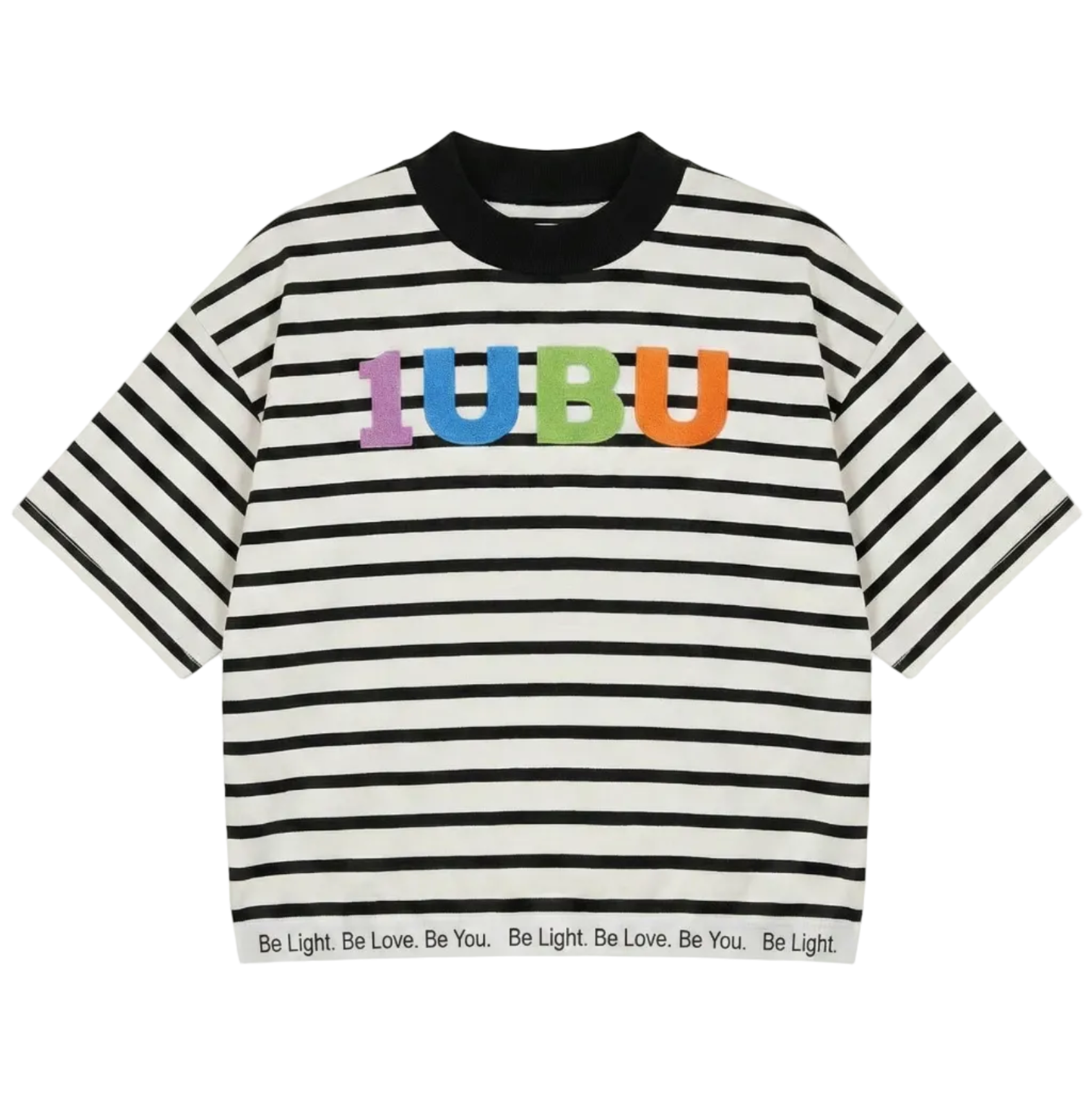 Black and white striped t-shirt with colorful text on a white background