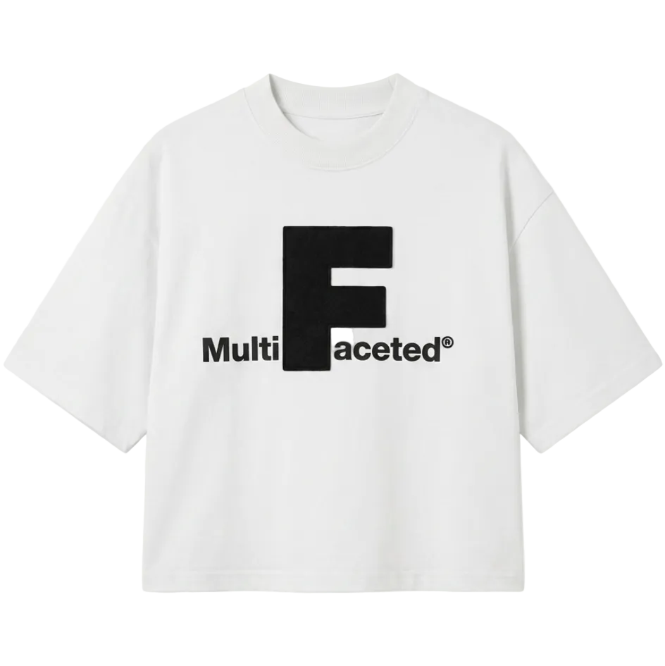 White t-shirt with a black 'F' logo and text on a white background