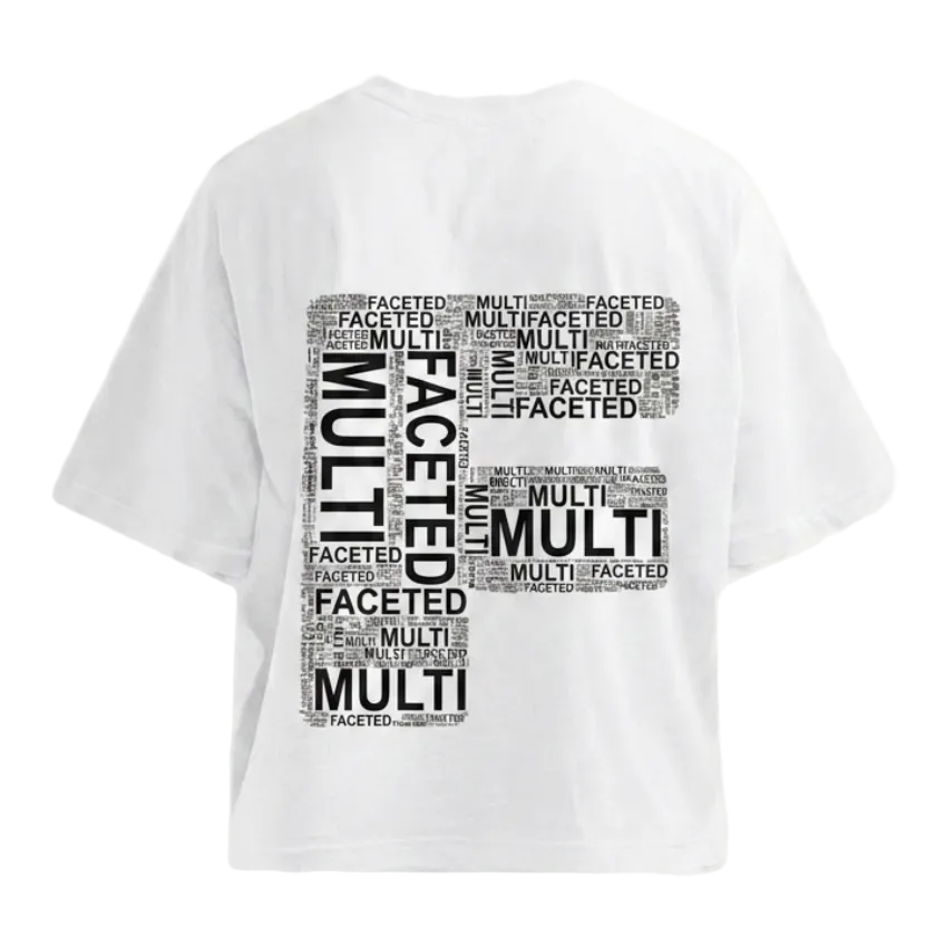 White t-shirt with black text design on a white background