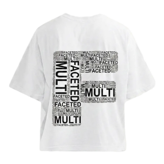 White t-shirt with black text design on a white background