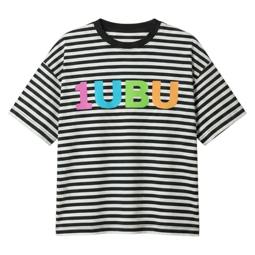 Black and white striped t-shirt with colorful '1UBU' text on a light gray background