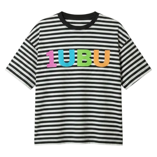 Black and white striped t-shirt with colorful '1UBU' text on a light gray background