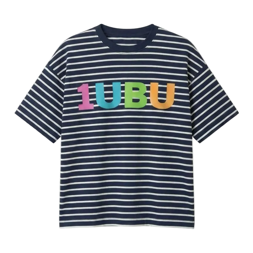 Navy striped t-shirt with colorful '1UBU' text on a white background