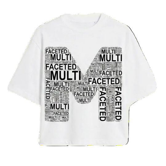 White t-shirt with black text design on a white background
