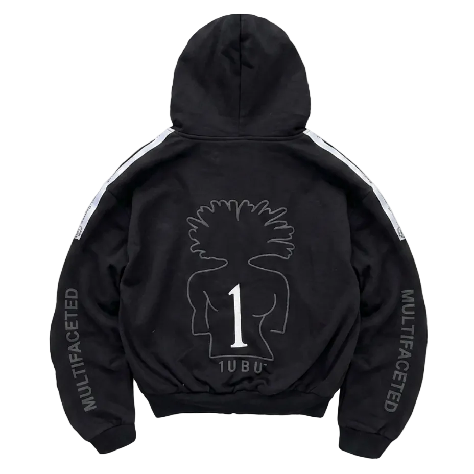 Black hoodie with white graphics and text on a light gray background