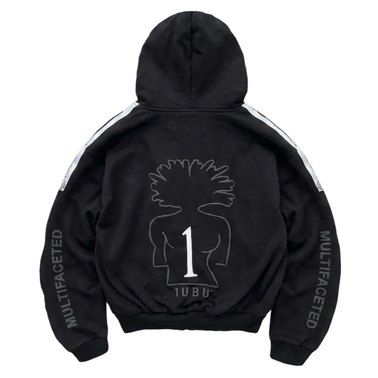 Black hoodie with white graphics and text on a light gray background