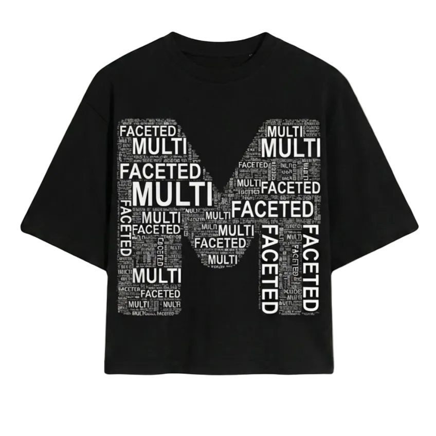Black t-shirt with white text on a white background