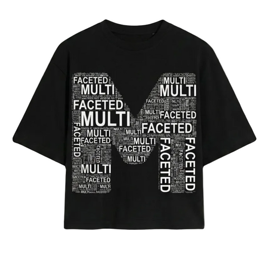 Black t-shirt with white text on a white background