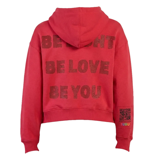Red hoodie with motivational text on the back on a white background