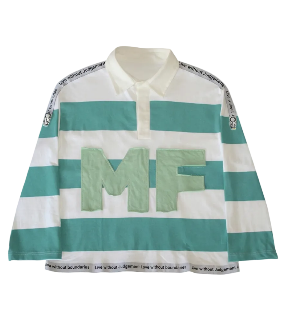 Green and white striped shirt with 'MF' on a white background