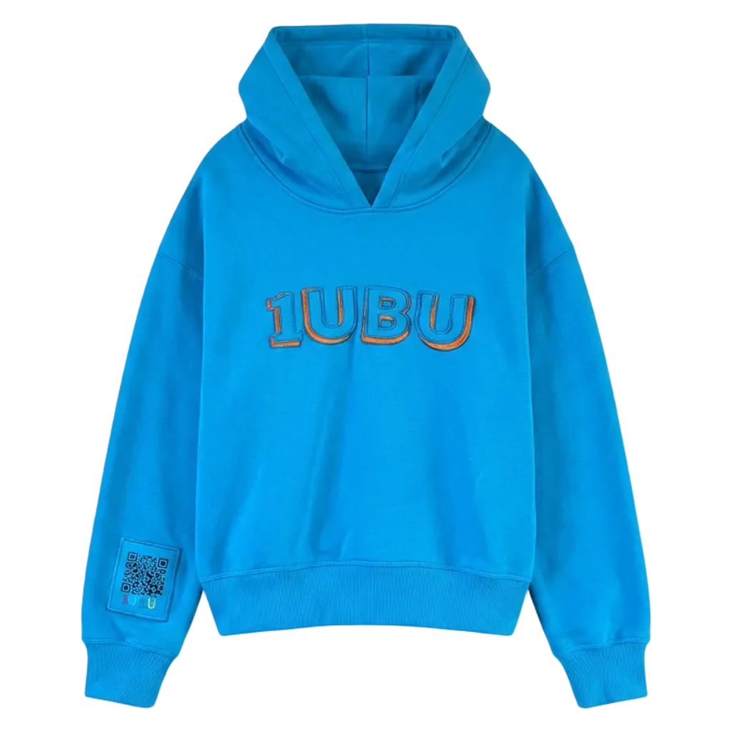 Turquoise Blue hoodie with '1UBU' branding on a white background