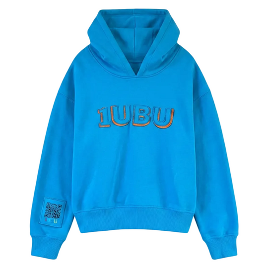 Turquoise Blue hoodie with '1UBU' branding on a white background