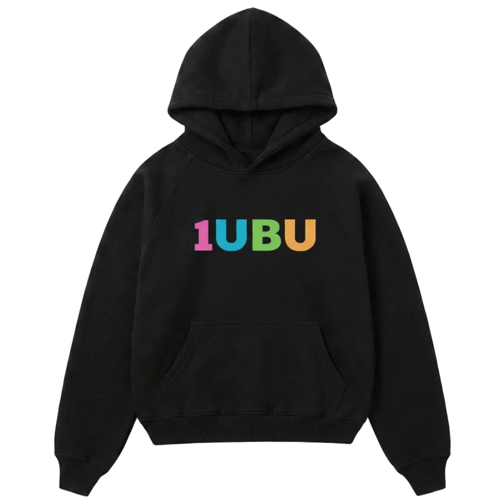Black hoodie with '1UBU' in colorful letters on a light gray background