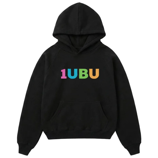 Black hoodie with '1UBU' in colorful letters on a light gray background