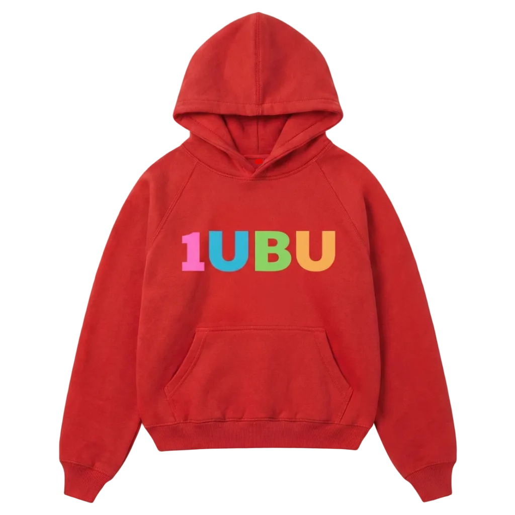 Red hoodie with '1UBU' text on a light gray background
