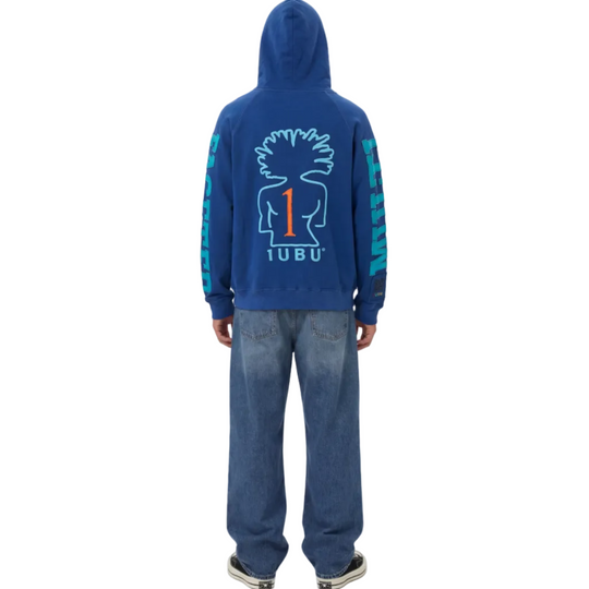 Blue hoodie with a logo and text on the back, worn by a person, on a white background