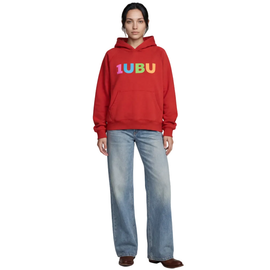 Person wearing a red hoodie with '1UBU' logo on a white background